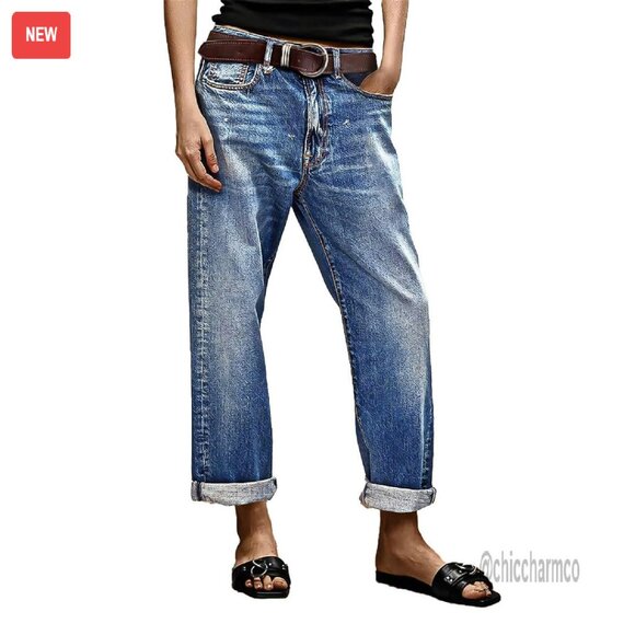Straight Leg Cropped Jeans Mid Rise Roll Hem Denim Pants